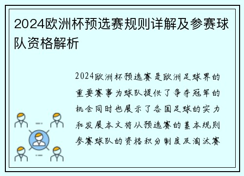 2024欧洲杯预选赛规则详解及参赛球队资格解析