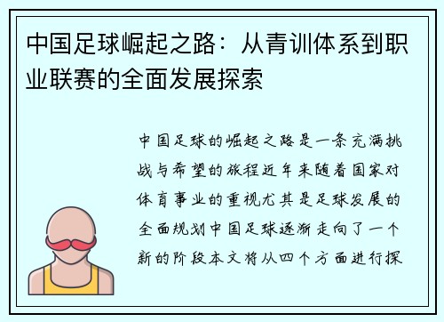 中国足球崛起之路：从青训体系到职业联赛的全面发展探索