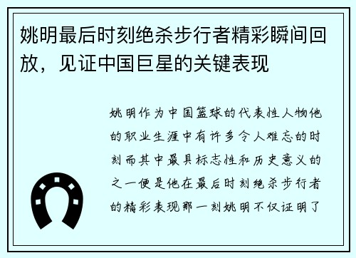 姚明最后时刻绝杀步行者精彩瞬间回放，见证中国巨星的关键表现